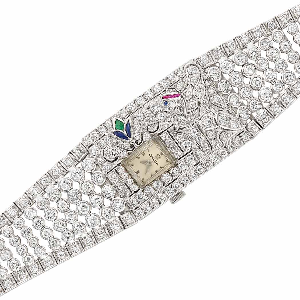 Appraisal: Platinum White Gold Diamond and Gem-Set Wristwatch Omega kt round