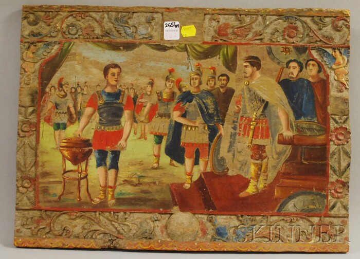 Appraisal: Polychrome Painted Carved Wood Panel Depicting a Scene with Roman