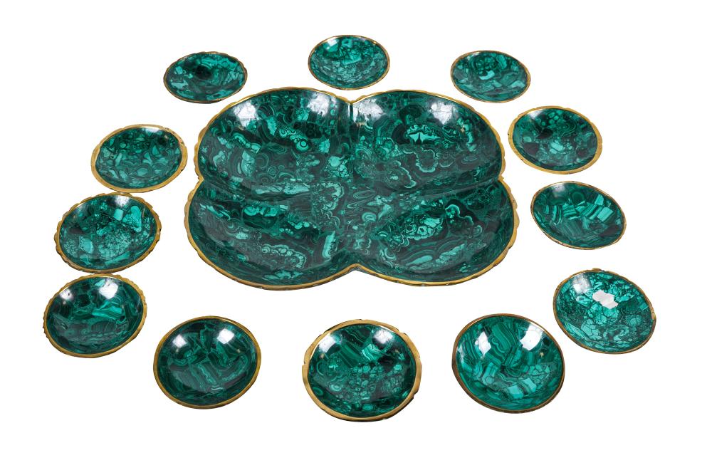 Appraisal: PIECE MALACHITE-VENEERED NUT SETthe tray inches wide inches deep the