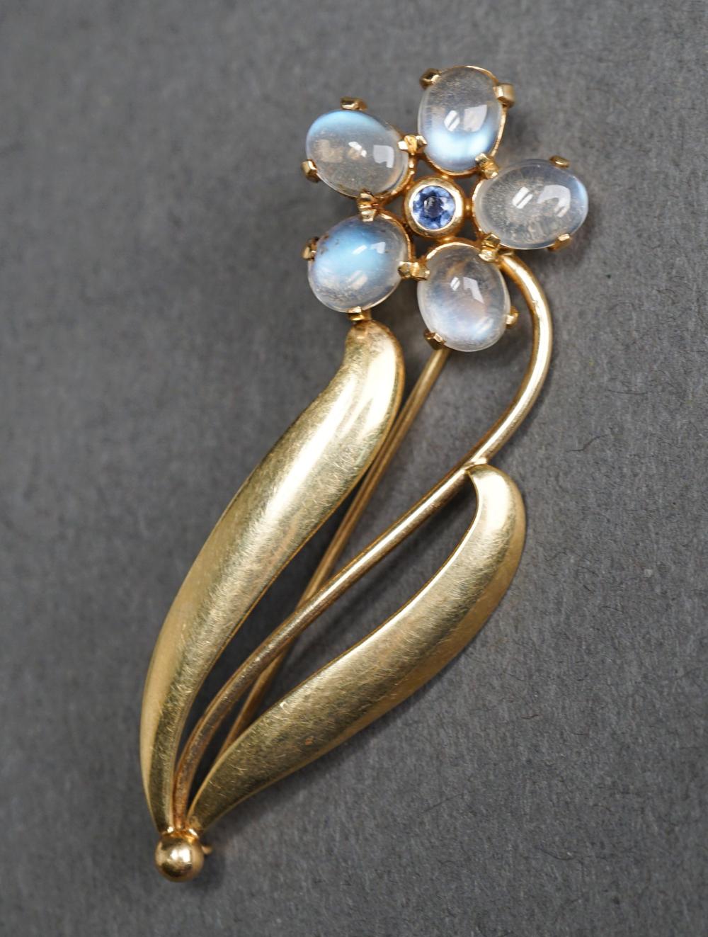 Appraisal: -KARAT YELLOW-GOLD BLUE SAPPHIRE AND MOONSTONE FLORAL BROOCH DWT L