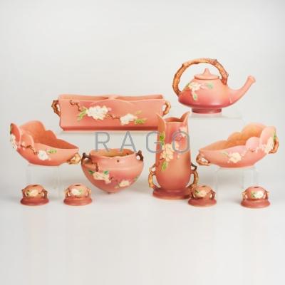 Appraisal: ROSEVILLE Pink Apple Blossom ten pieces vase two baskets long