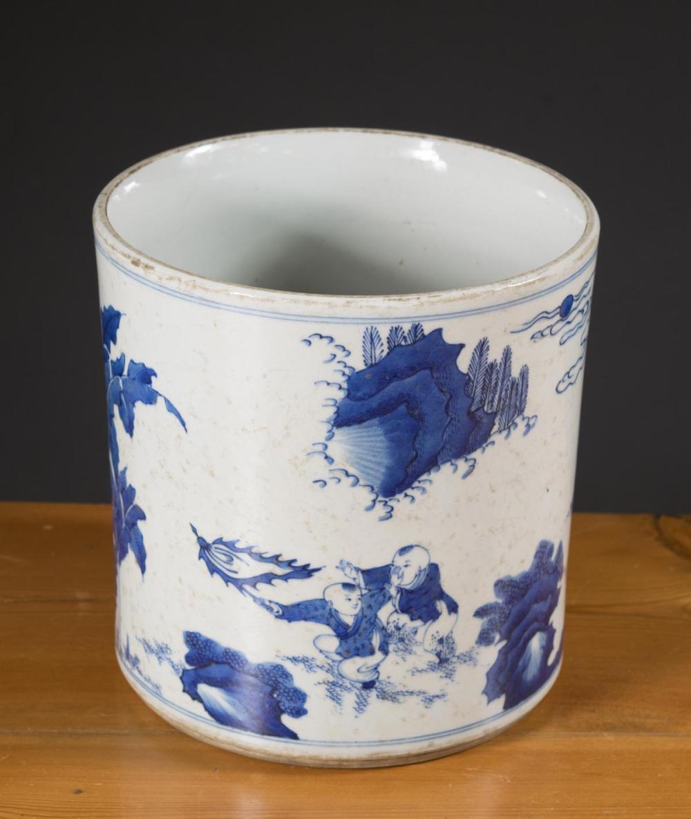 Appraisal: CHINESE BLUE AND WHITE PORCELAIN BRUSH POT hand painted blue