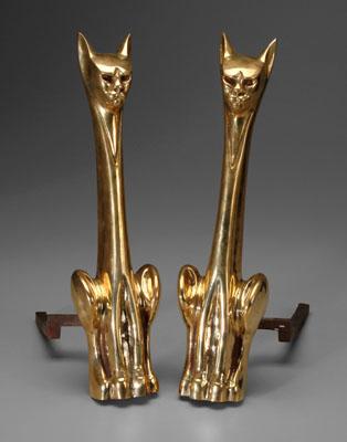 Appraisal: Pair brass cat andirons seated cats with serious expressions American