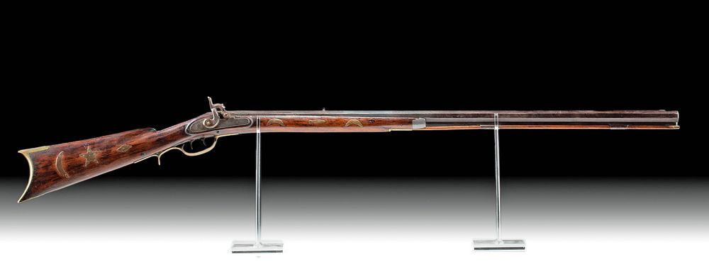 Appraisal: th C US Wood Iron Percussion Rifle w Brass Inlays