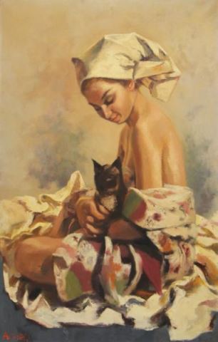 Appraisal: ALFIERI Phillipe Oil on Canvas of a Woman witha Cat