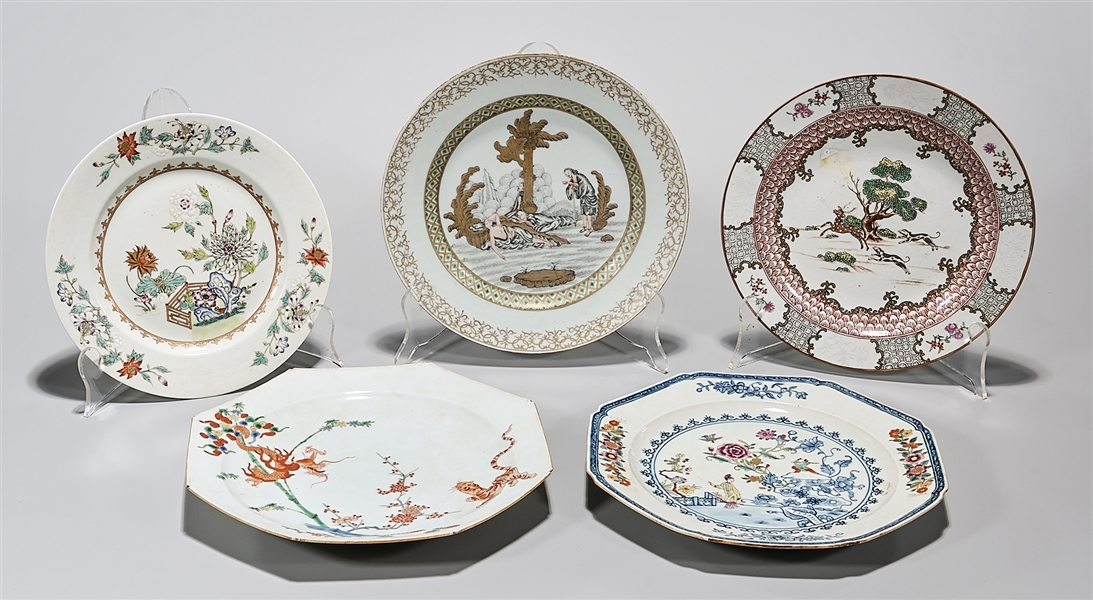 Appraisal: Five Chinese enameled porcelain plates with various designs D largest