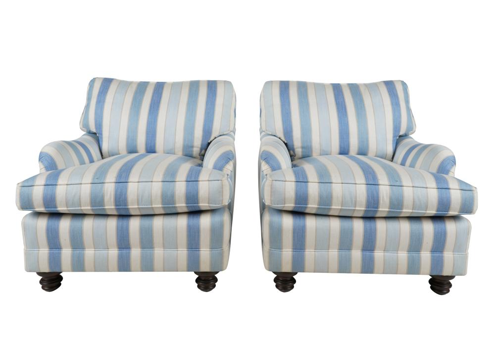 Appraisal: PAIR OF STRIPED CLUB CHAIRSmanufacturer unknown covered with blue and