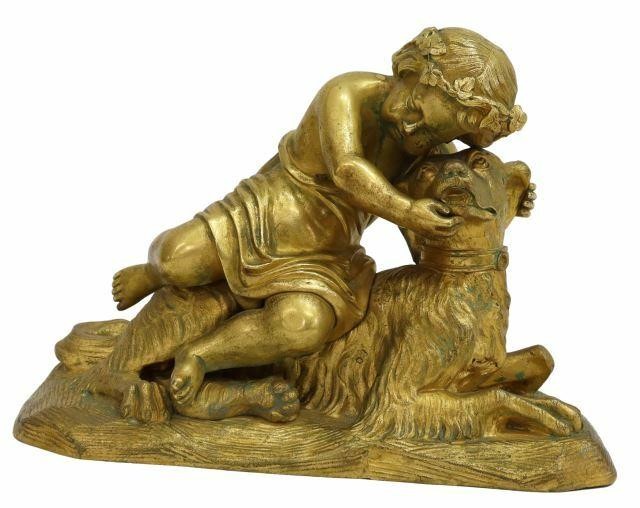 Appraisal: French bronze dore sculpture young cherub with ivy crown draped