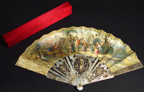 Appraisal: th Century French fan the paper leaves hand painted with