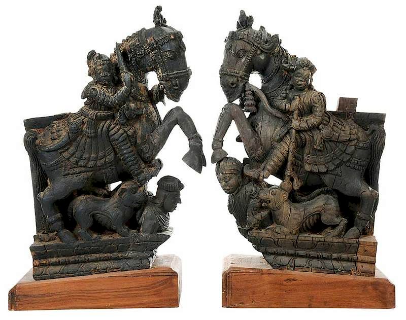 Appraisal: Pair Indian Wood Temple Carvings probably th century pair of