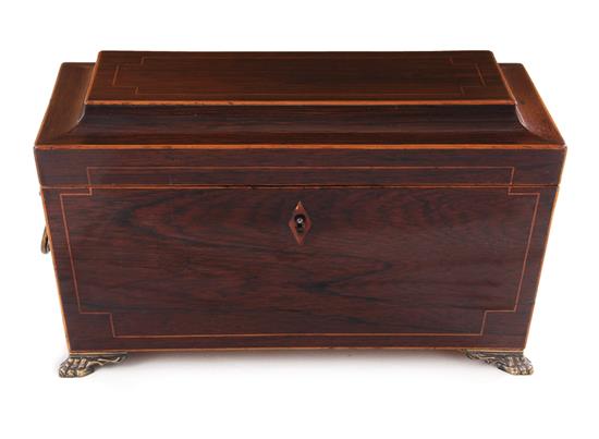 Appraisal: Georgian inlaid mahogany double tea caddy th century hinged trapezoid