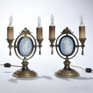 Appraisal: Pair of Wedgwood Light Blue Jasper-mounted Two-light Brass Table Sconces