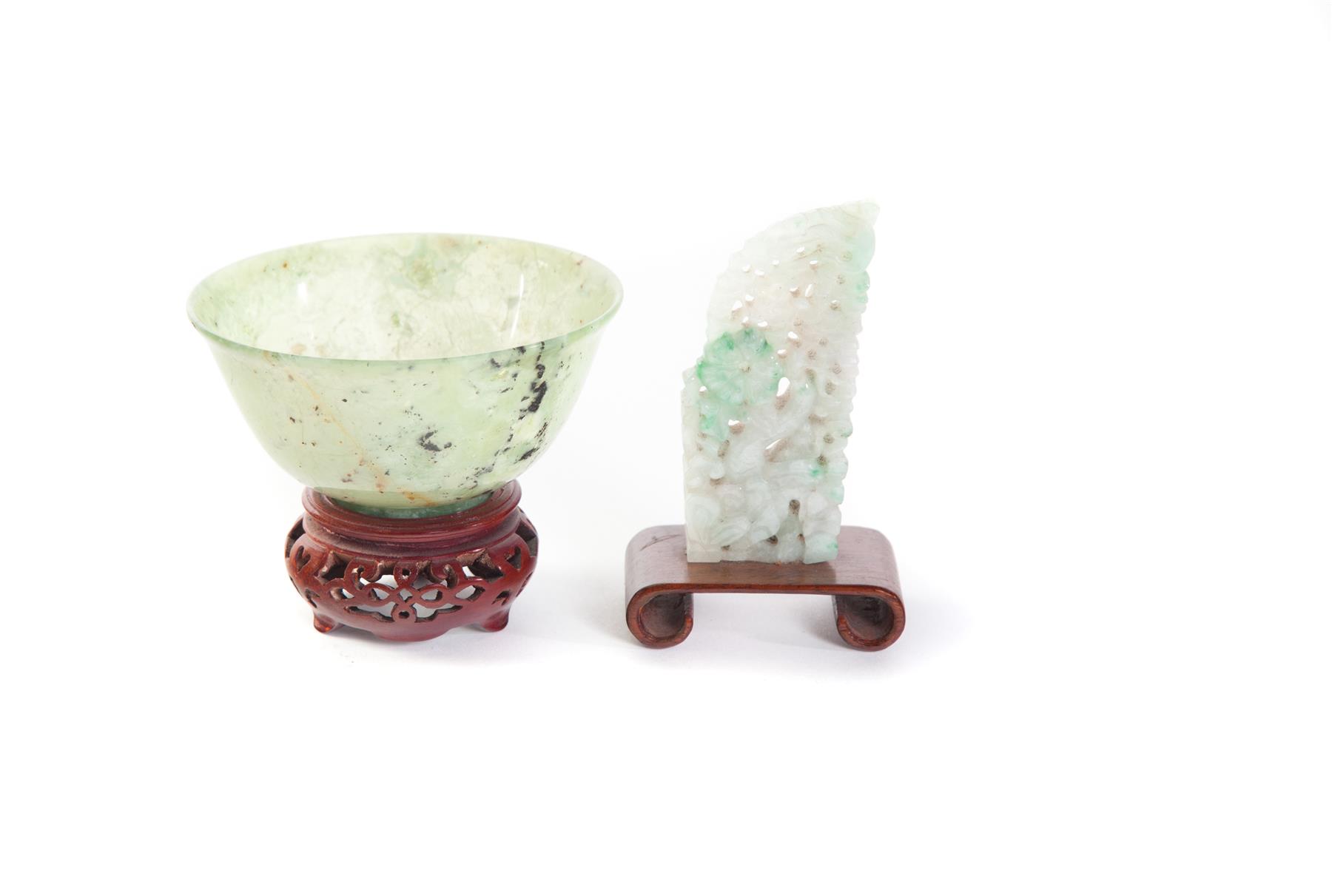 Appraisal: TWO PIECES OF JADE China th century Translucent green bowl