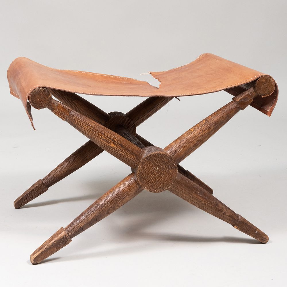 Appraisal: Jean Michel Frank Carved Oak and Leather Stool Stamped 'Chanaux