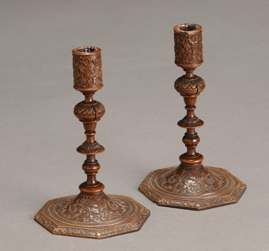 Appraisal: Pair of Louis XIV Pearwood Candlesticks In the Manner of