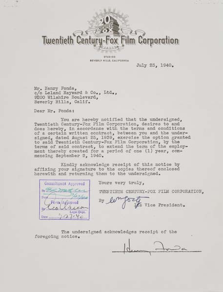 Appraisal: HENRY FONDA Typed letter signed by Fonda acknowledging that Twentieth