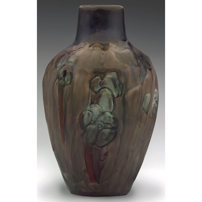 Appraisal: Rookwood vase bulbous shape in an early carved Iris glaze