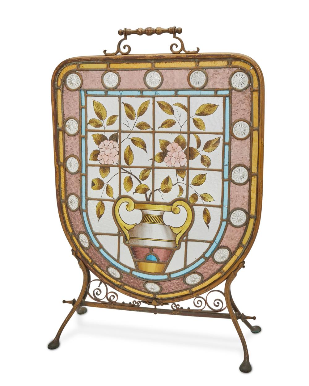 Appraisal: An English reverse-painted leaded glass firescreen Late th early th