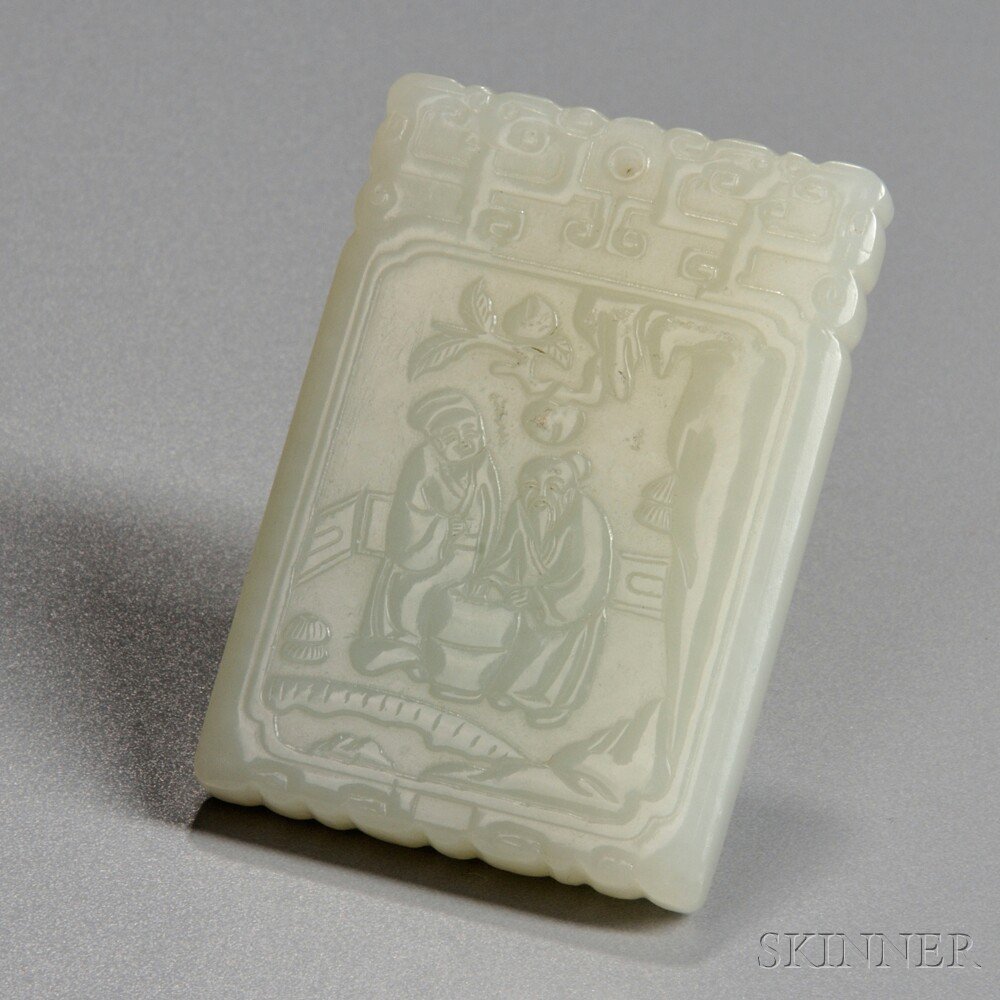 Appraisal: Pale Celadon Hardstone Plaque China th century flat rectangular form