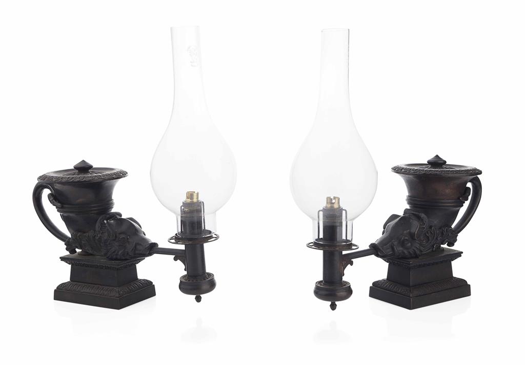 Appraisal: PAIR OF REGENCY STYLE BRONZE COLZA LAMPS TH CENTURY black