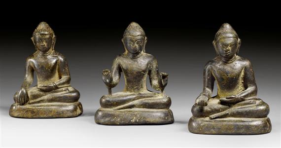 Appraisal: THREE RARE AND EARLY SEATED BRONZE BUDDHAS Burma Pyu th