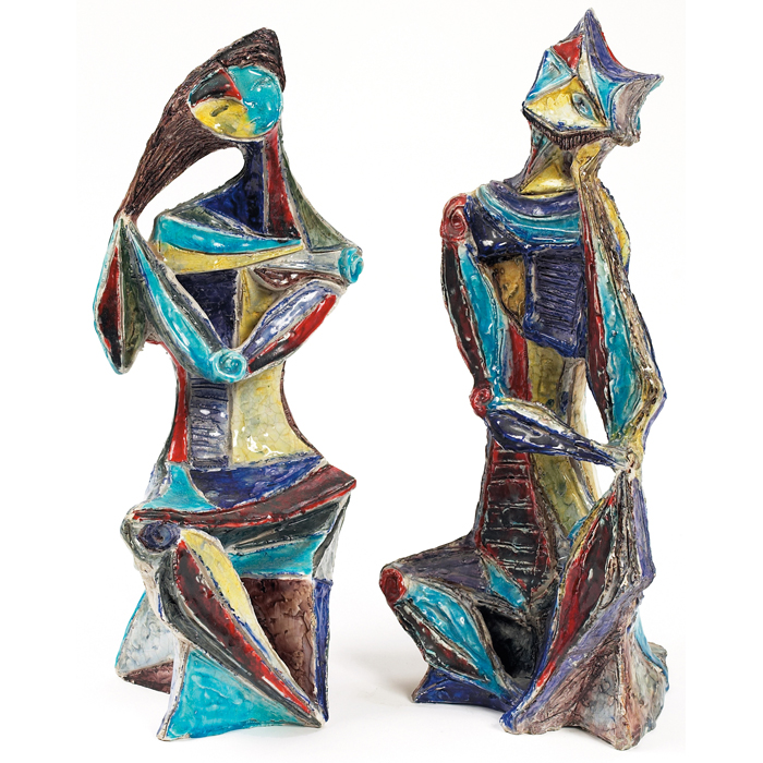 Appraisal: Marcello Fantoni cubist figures pair Italy s glazed ceramic hand-incised