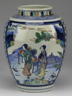 Appraisal: Chinese wucai jar with maidens h Chinese wucai jar having