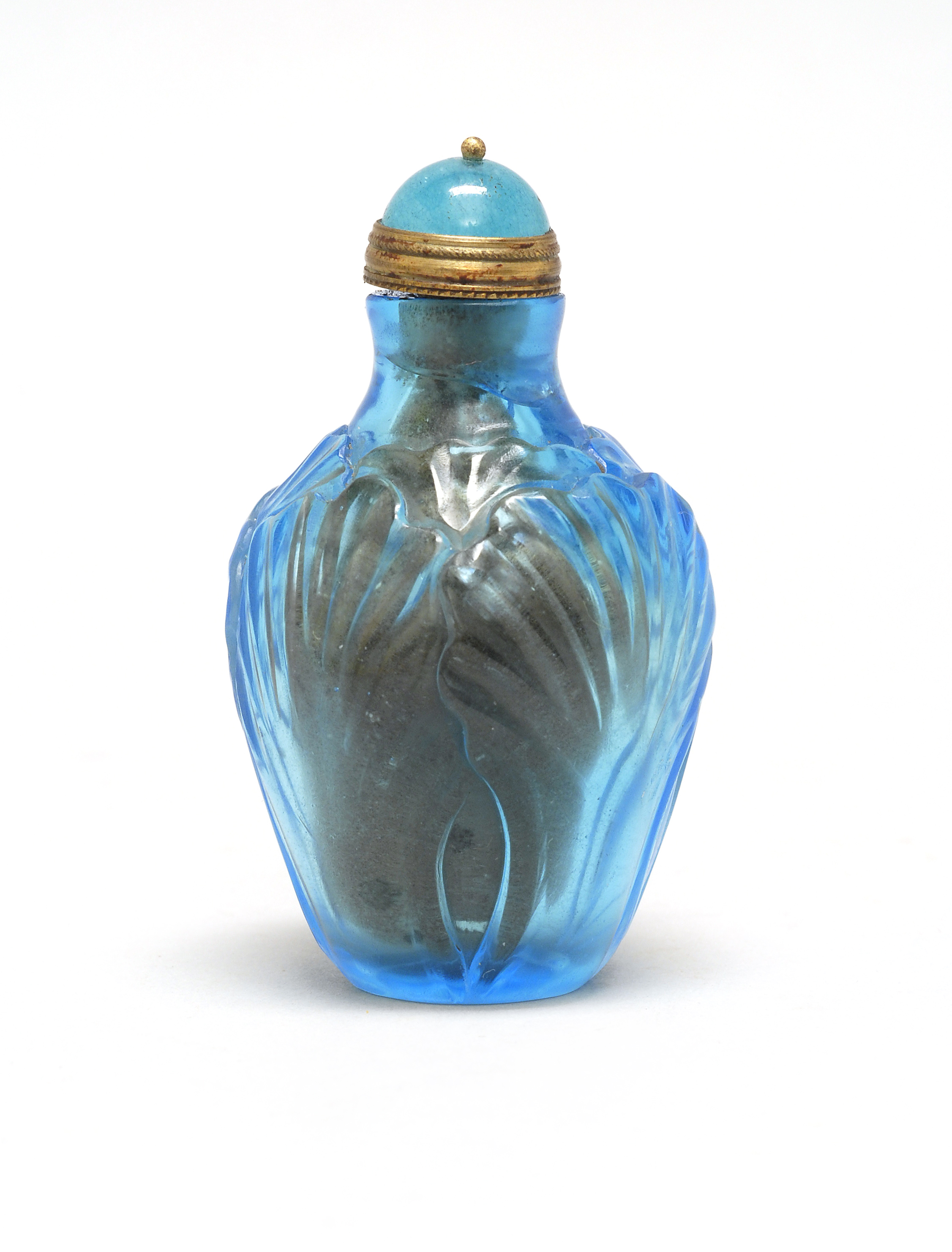 Appraisal: BLUE GLASS SNUFF BOTTLE Early th CenturyIn butterfly and cabbage-leaf