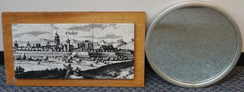 Appraisal: MIRROR ROUNDEL WITH 'GIESSEN' ENGRAVING TRANSFER-PRINTED CERAMIC TILE TRIPTYCH MOUNTED