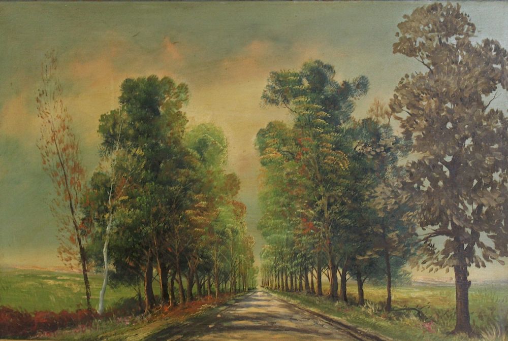 Appraisal: UNSIGNED Oil on Board Street Scene with Trees Back in