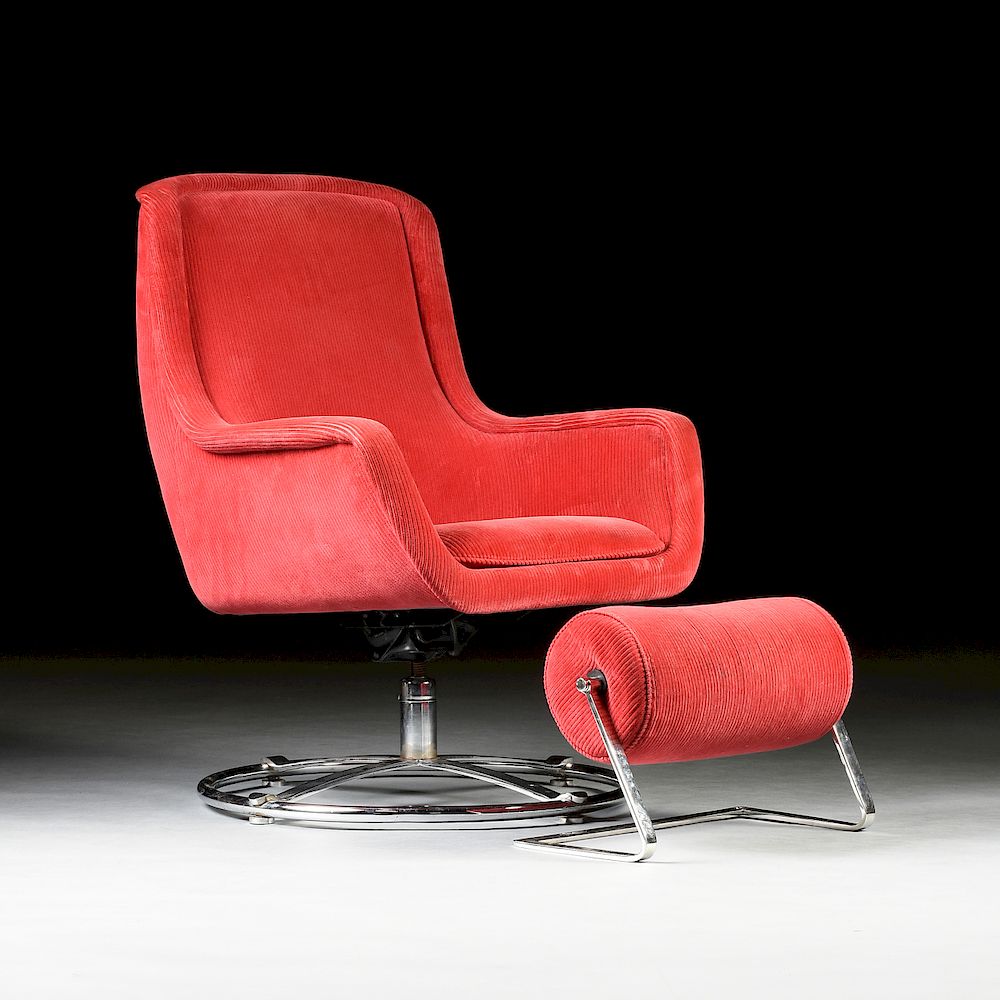 Appraisal: A MID CENTURY MODERN RED CORDUROY CHAIR AND OTTOMAN BY