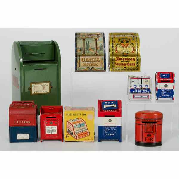 Appraisal: Large Lot of Tin Cash Register and Mailbox Banks Lot