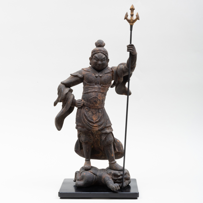 Appraisal: Japanese Polychromed Wood Sculpture of Zocho-Ten Raise on stand x