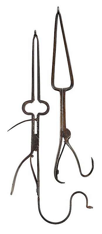 Appraisal: Two Pairs Early Wrought Iron Spring Pipe Tongs probably American