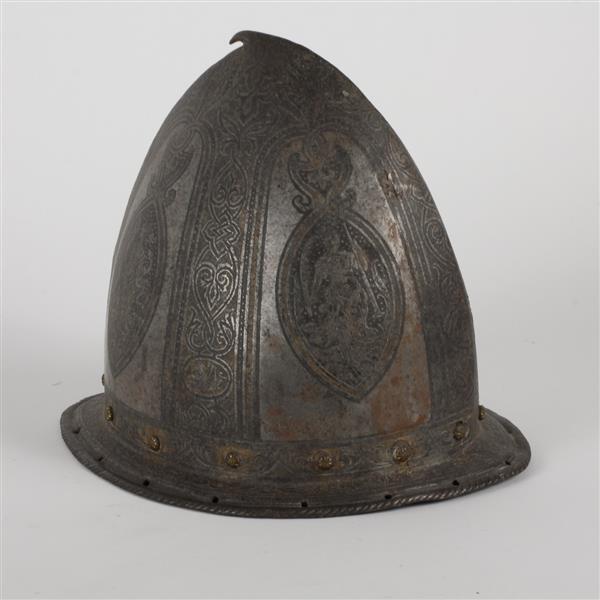 Appraisal: Spanish Morion Cabasset Northern Italian Steel Helmet with Elaborate Etched