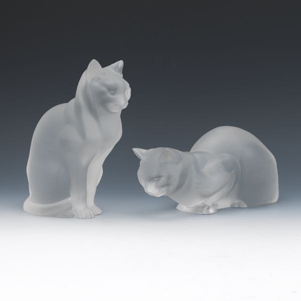 Appraisal: TWO LALIQUE CRYSTAL CAT FIGURINES Chat Couche frosted glass cat