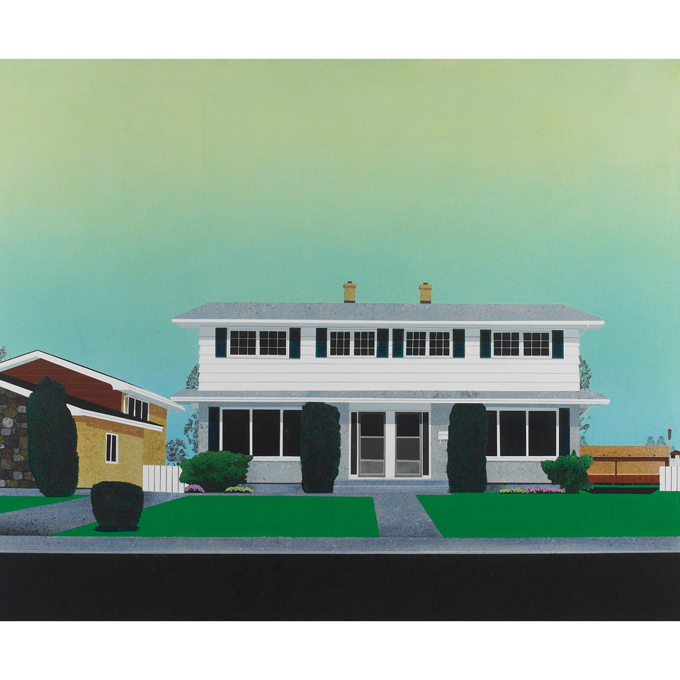 Appraisal: DAVID THAUBERGER DUPLEX WITH STRIP MALL JULY mixed media on