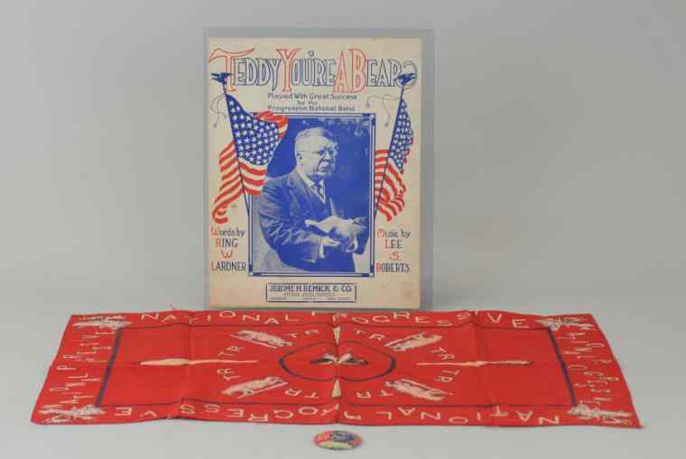 Appraisal: ROOSEVELT TEDDY BEAR EPHEMERA Lot includes National Progress Bandana ''Teddy