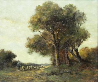 Appraisal: Signed Barbizon School Oil on Canvas Shepherd in Landscape th