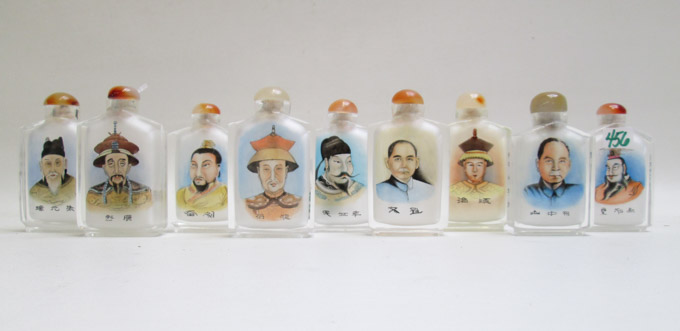 Appraisal: CHINESE REVERSE PAINTED PORTRAIT SNUFF BOTTLES set of nine depicting