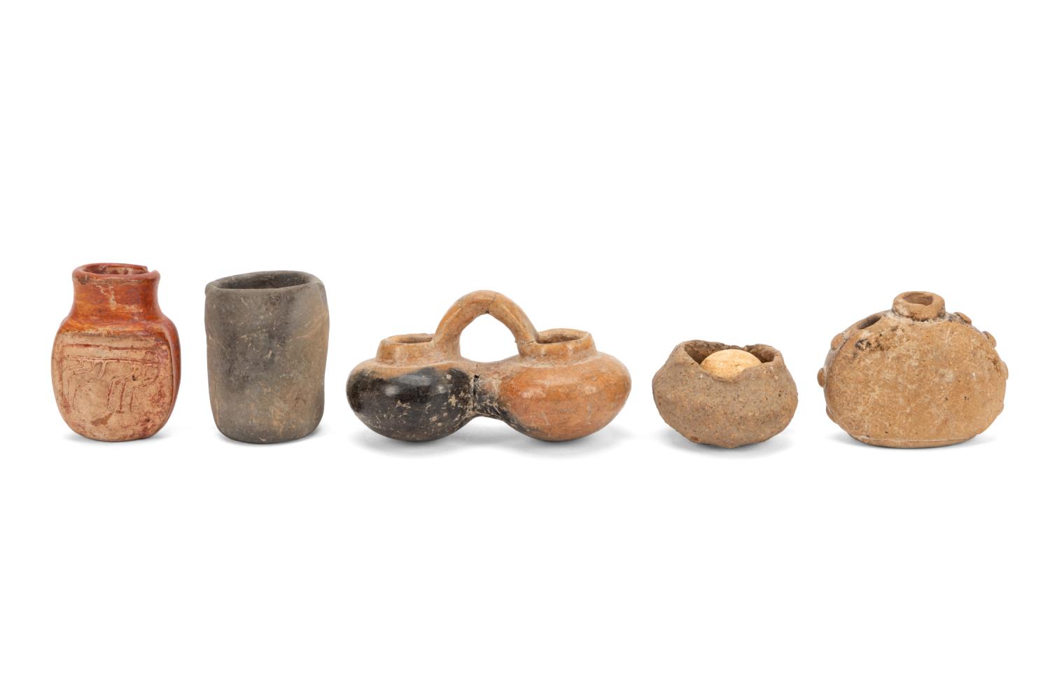 Appraisal: FIVE SOUTH AMERICAN SMALL POTTERY VESSELS Five South American small