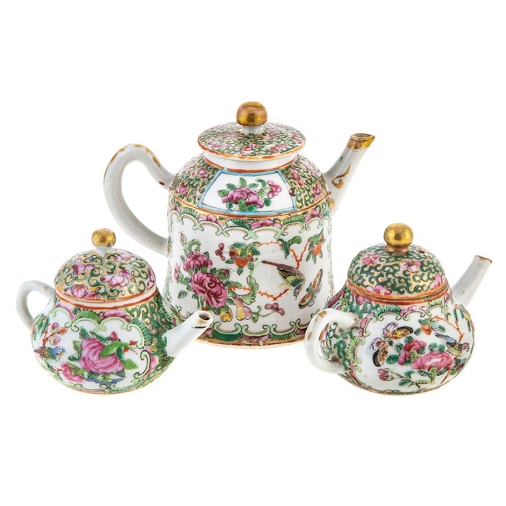 Appraisal: Three Chinese Export Rose Medallion Miniature Teapots Fourth quarter- th