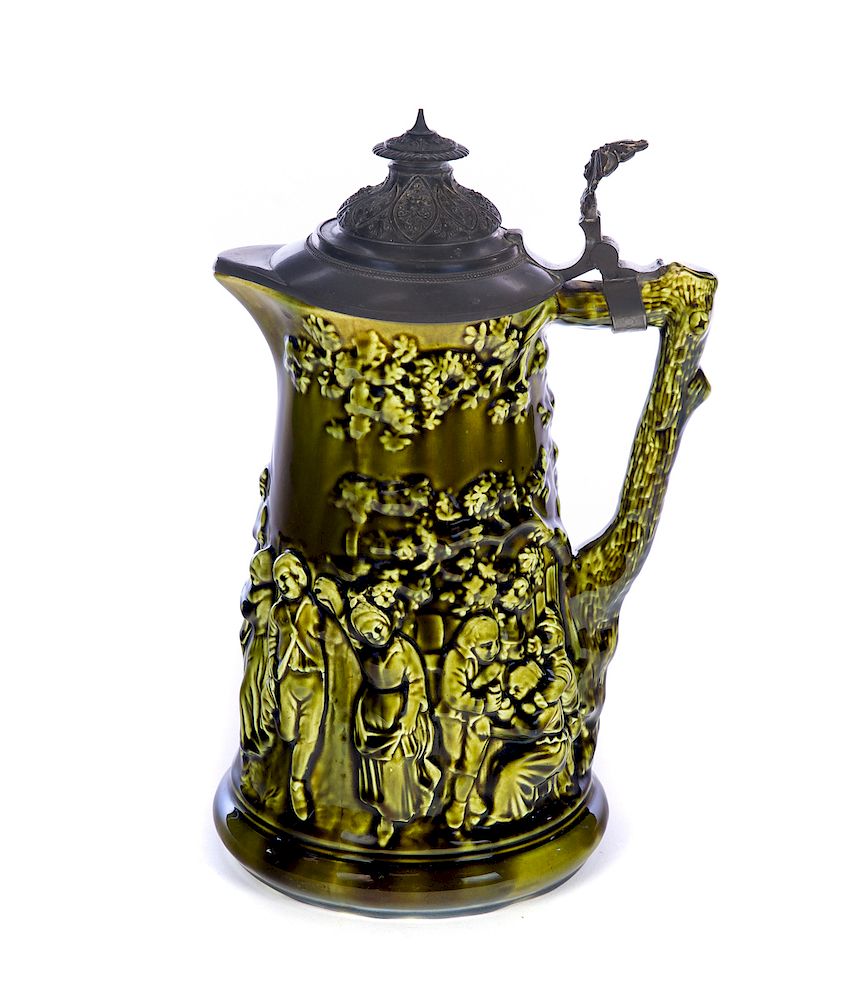 Appraisal: Majolica Sarreguemines Figural Tankard Excellent condition with no damage or