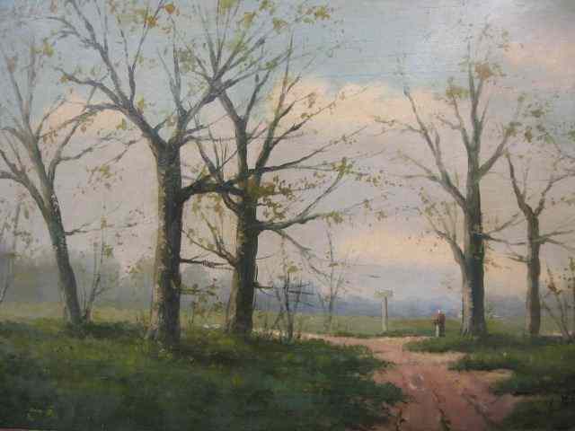 Appraisal: Oil European landscape with figure alonga path on board image