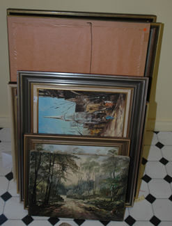 Appraisal: AN ASSORTMENT OF NINE FRAMED OIL PAINTINGS OF LANDSCAPES AND