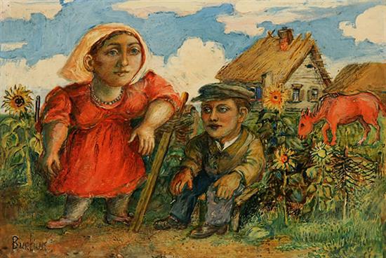 Appraisal: David Davidovich Burliuk Russian - Peasants on the Farm Signed