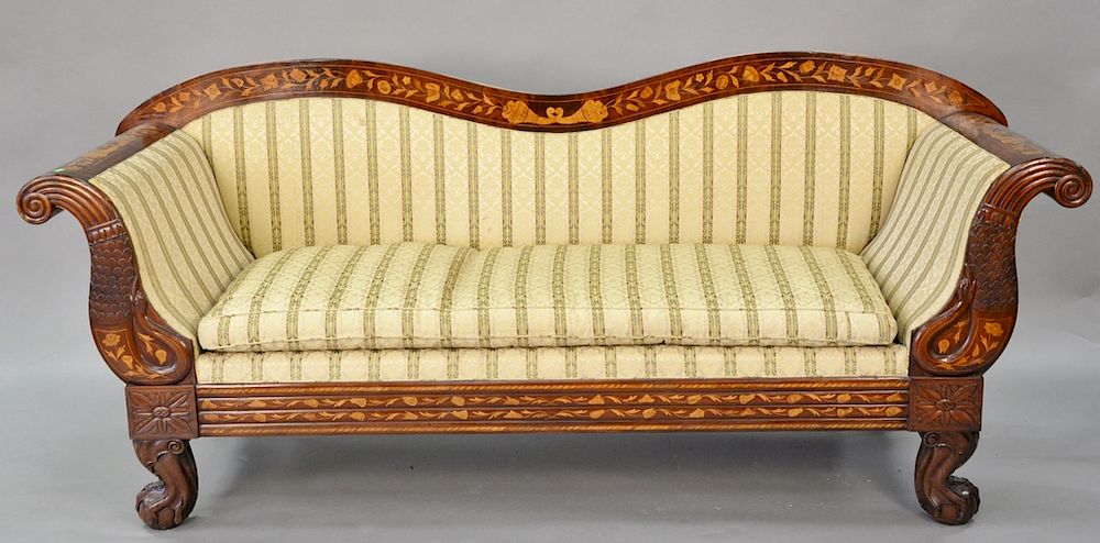 Appraisal: Marquetry inlaid sofa with scrolled back and rolled arms on