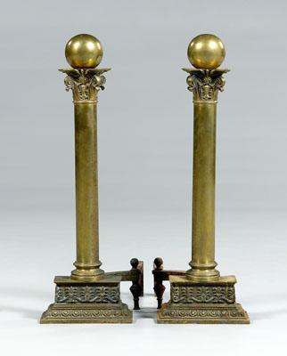 Appraisal: Pair classical brass andirons each Corinthian column with ball finial