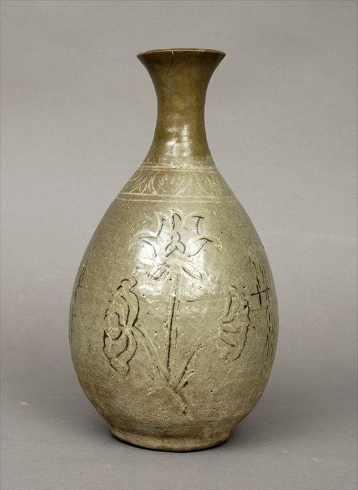 Appraisal: Korean Celadon-Glazed Pottery Bottle-Form Vase with Floral Stems and Willow