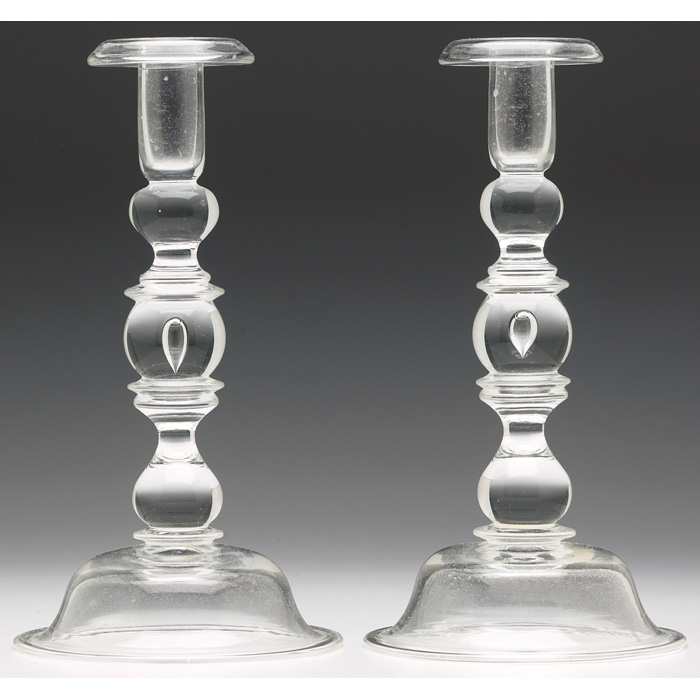 Appraisal: Steuben candlesticks pair clear glass with interior bubbles and inverted